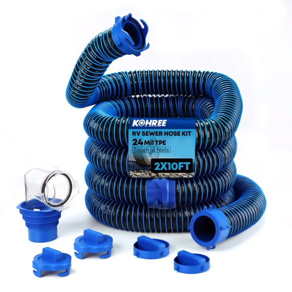 Kohree 2 x 10FT RV Sewer Hose Kit, 24-Mil Heavy Duty TPE Material for Abrasion Resistance and Crush Protection, UV-Resistant Heavy Duty Waste Hose for RV Camper & Travel Trailer