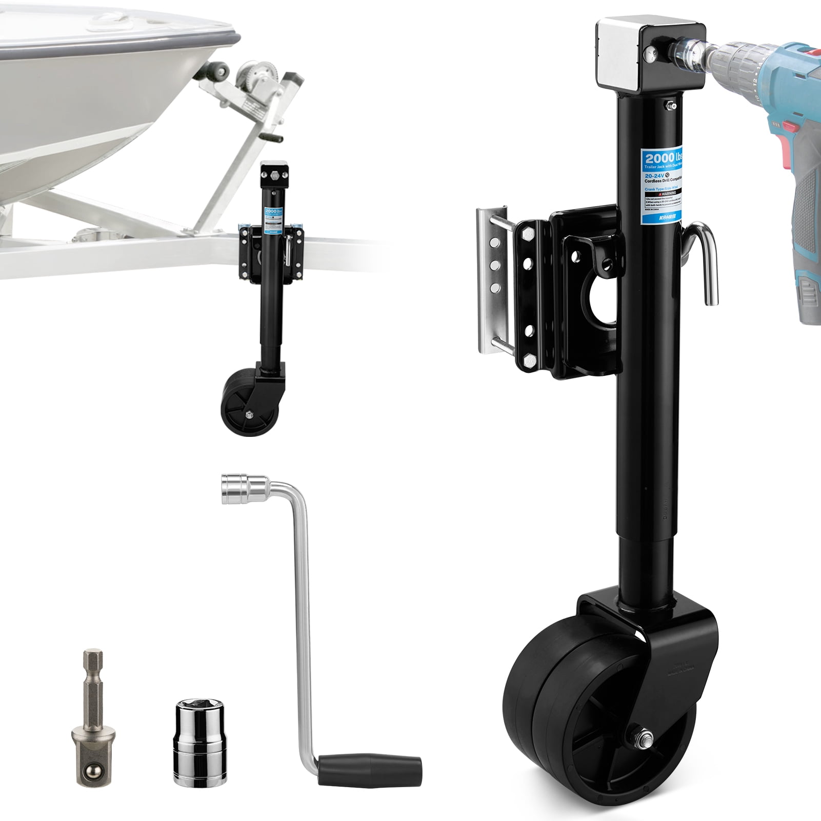Kohree 2000lbs Trailer Jack with Dual Wheel, 20-24V Cordless Drill Compatible, 12" Lift, for RV Boat,Black