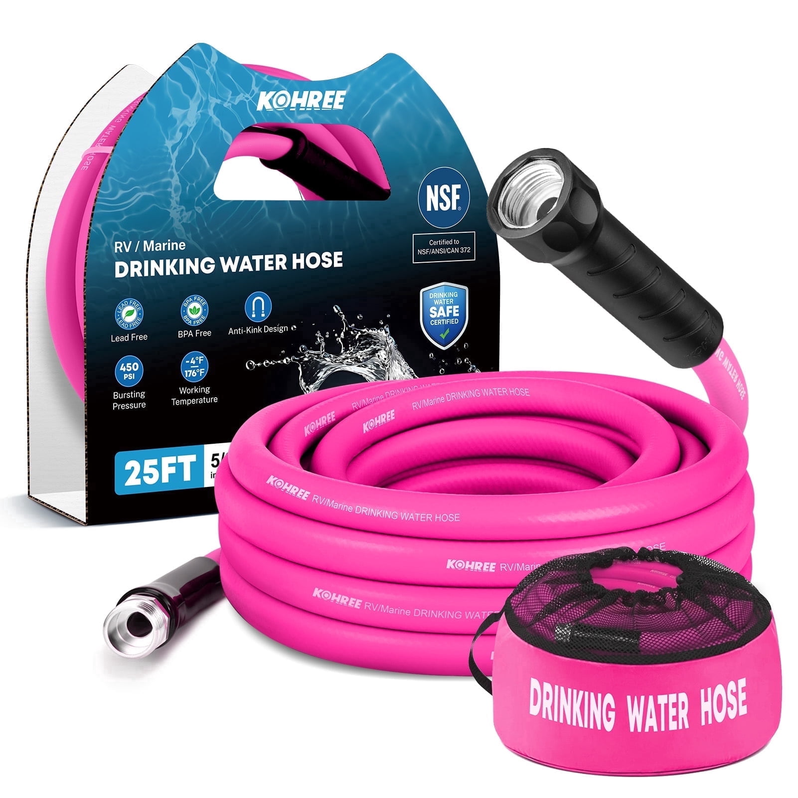 Kohree 25FT RV Water Hose – NSF Certified 5/8" Premium Drinking Water Hose, Safe & Lead-Free, No Kink and Flexible Garden Hose with Storage Bag for RV, Camper, Truck, Car, Rose Red