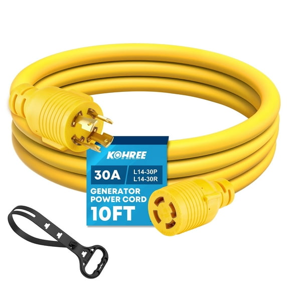 Kohree 30 Amp Generator Extension Cord ,Heavy Duty 4 Prong 125V/250V 7500W Nema L14-30 RV Power Cord with Cord Organizer (10 Feet)