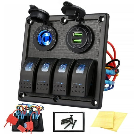 Kohree 4 Gang Marine Boat Rocker Switch Panel, 12V Waterproof LED Light - RV Boat Car Vehicles Truck