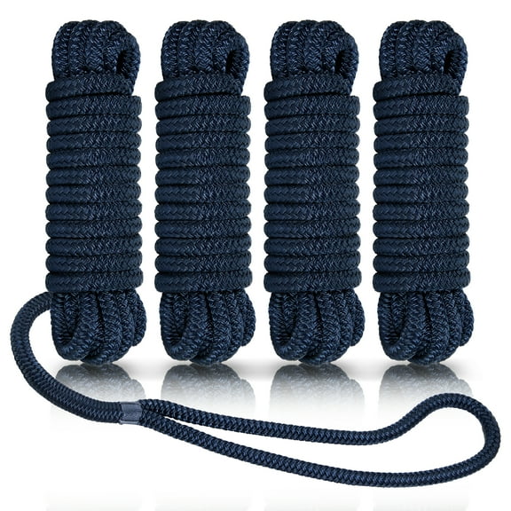 Kohree 4 Pack Boat Dock Lines - 15 'x 3/8" Double Braided Nylon Boat Dock Lines with 12" Eyelet,Navy Blue