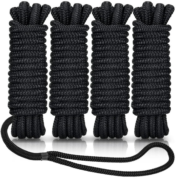 Kohree 4 Pack Boat Dock Lines - 25 'x 3/8" Double Braided Nylon Boat Dock Lines with 12" Eyelet, Black