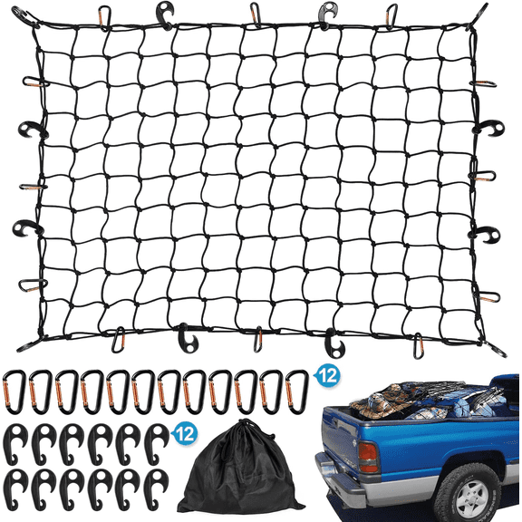 Kohree 4' x 6' Super Duty Bungee Cargo Net for Truck Bed Stretches to 8' x 12' with 16 Tangle-Free D Clip Carabiners, 10 ABS Hooks & 1 Storage Bag