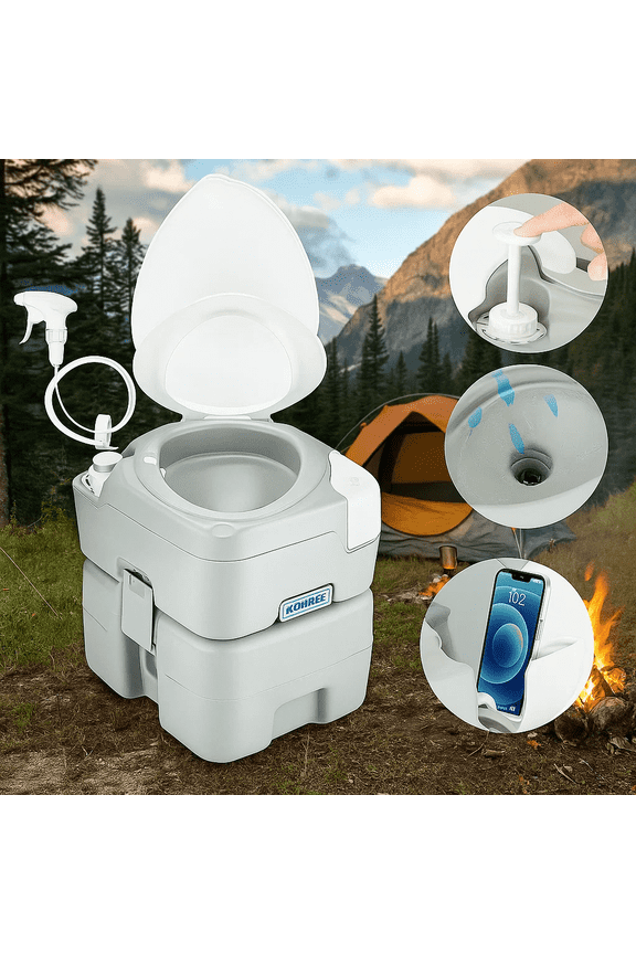 5.3 Gal 20L Portable Toilet with Washing Sprayer for Adults with Diagonal Enlargerd Bowl Seat and Phone Stand for RV Travel Camping Indoor & Outdoor