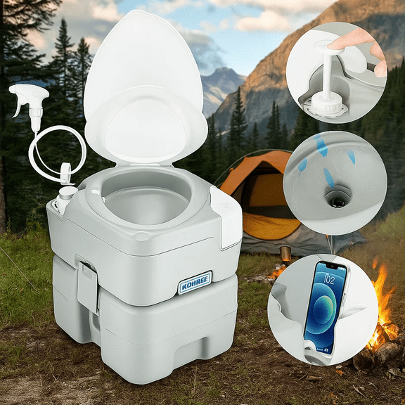Kohree 5.3 Gal 20L Portable Toilet with Washing Sprayer for Adults with Diagonal Enlargerd Bowl Seat and Phone Stand for RV Travel Camping Indoor & Outdoor
