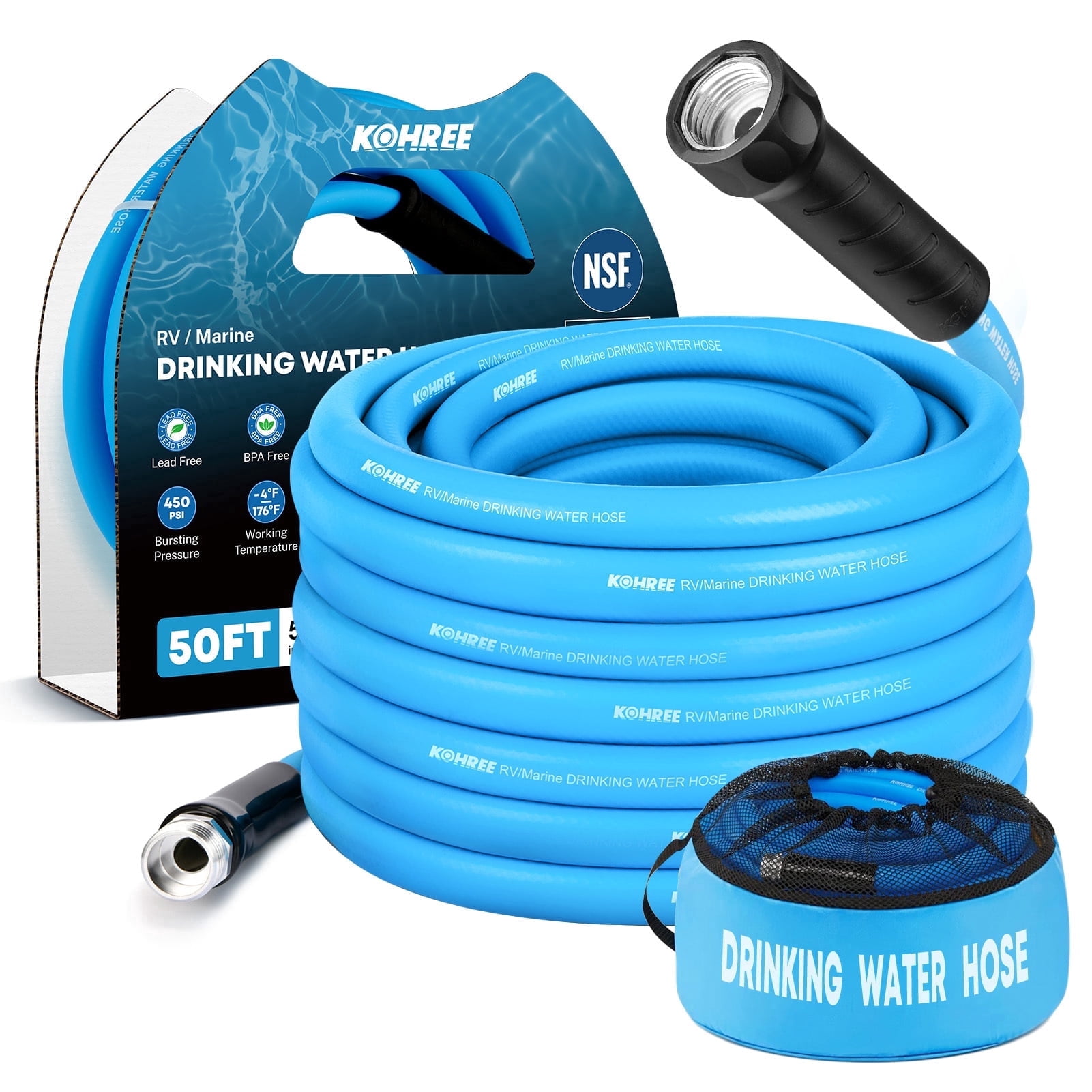 Kohree 50FT RV Water Hose – NSF Certified 5/8" Premium Drinking Water Hose, Safe & Lead-Free, No Kink and Flexible Garden Hose with Storage Bag for RV, Camper, Truck, Car, Blue