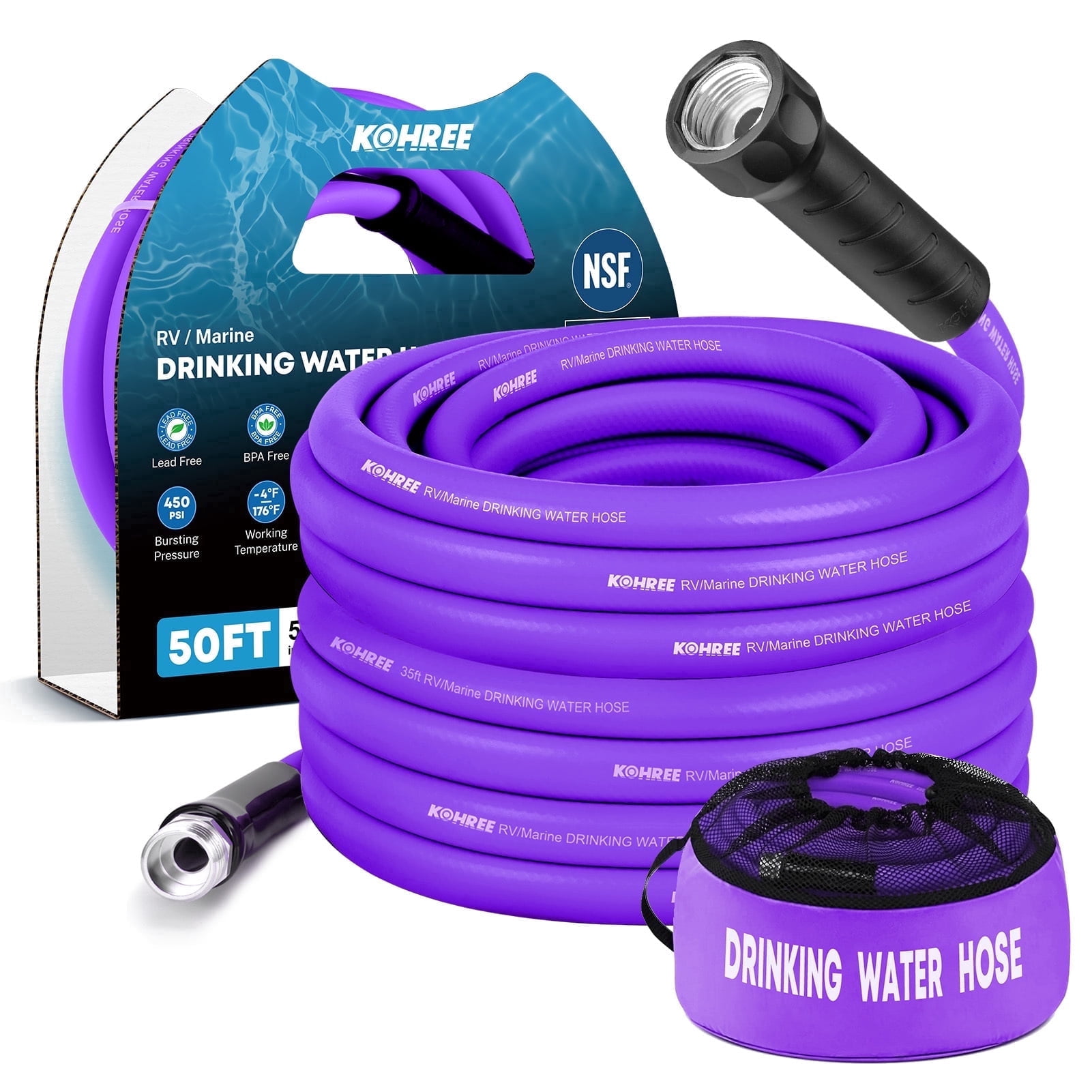 Kohree 50FT RV Water Hose – NSF Certified 5/8" Premium Drinking Water Hose, Safe & Lead-Free, No Kink and Flexible Garden Hose with Storage Bag for RV, Camper, Truck, Car, Purple