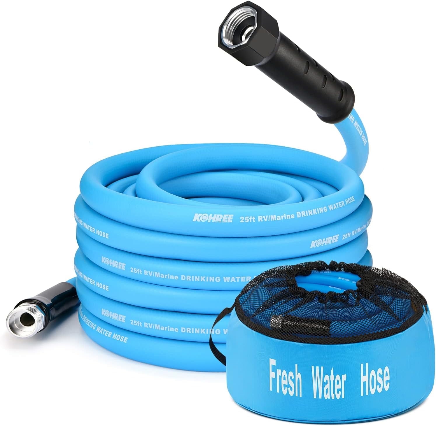 Kohree Blue 25FT RV Water Hose with Storage Bag, 5/8'' ID Drinking Water Hose for RV, Camping, Truck