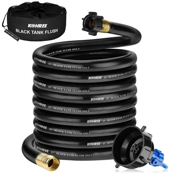 Kohree Camper & RV Black Water Hose - No-Kink Design with Sewer Hose Accessories for Black Water, Gray Water, RV Tank Cleaning, 25FT 5/8" Diameter