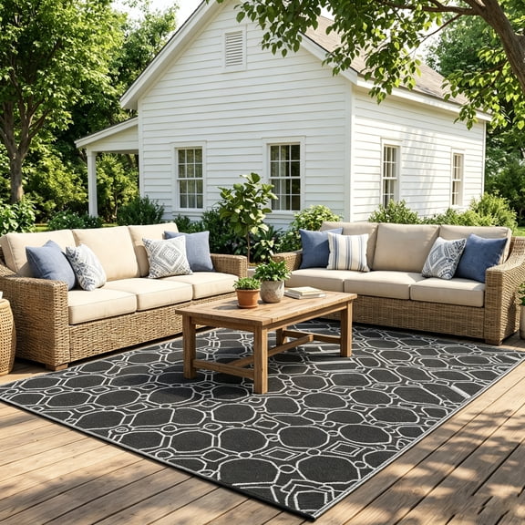 Kohree 6" x 9" Reversible Outdoor Rug, Waterproof Patio Area Rug, Plastic Straw Camping Mat with Loops for RV Outside Deck Porch, Black Gray