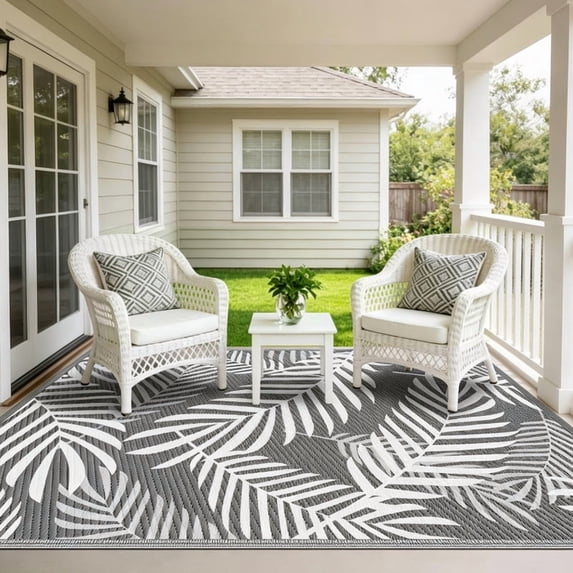 Kohree Outdoor Rug 8'x10' Reversible Waterproof Plastic Straw Rugs with Corner Loops Indoor Outdoor Patio Mat for RV Camping Deck Boho Porch Balcony, Palm Leaves Gray White
