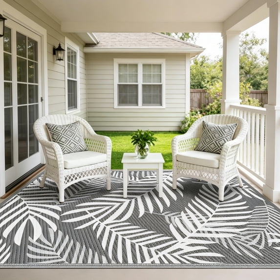 Kohree Outdoor Rug 8'x10' Reversible Waterproof Plastic Straw Rugs with Corner Loops Indoor Outdoor Patio Mat for RV Camping Deck Boho Porch Balcony, Palm Leaves Gray White