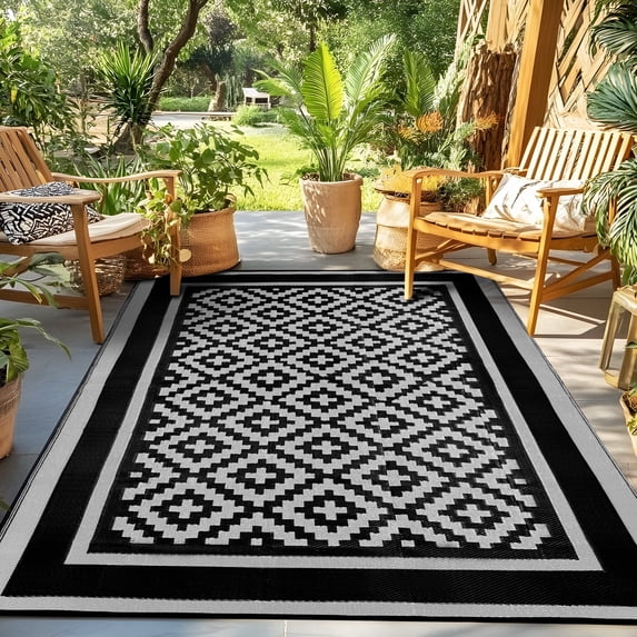 Kohree Outdoor Plastic Straw Rug 9'x12' ,Waterproof Mat with 4 Corner Loops Indoor Outdoor for RV, Camping, Deck ,Balcony (Black & Gray)