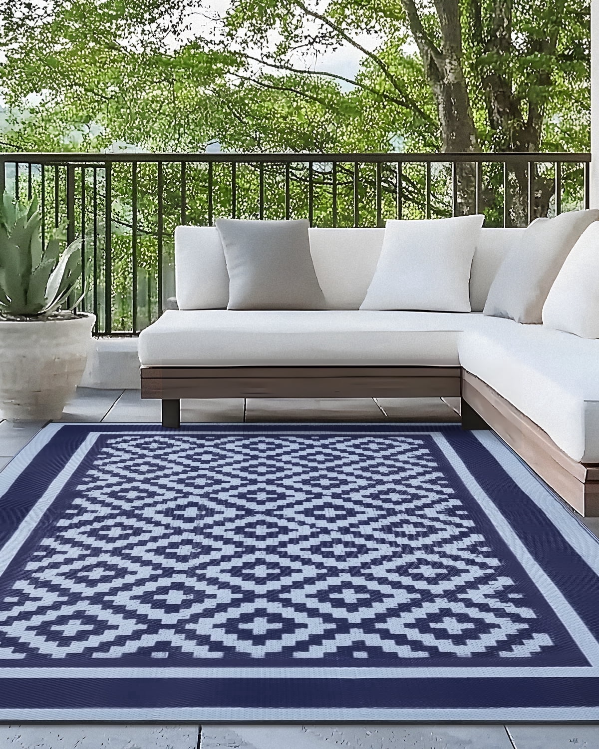 Kohree Outdoor Plastic Straw Rug 9'x12' ,Waterproof Mat with 4 Corner Loops Indoor Outdoor for RV, Camping, Deck ,Balcony (Blue & Light Blue)
