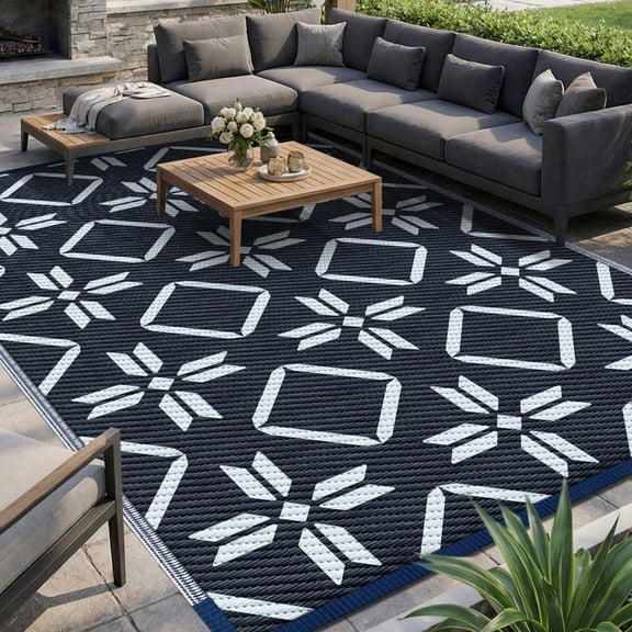 Kohree Outdoor Rug 9'x12' Reversible Waterproof Plastic Straw Rugs with Corner Loops Indoor Outdoor Patio Mat for RV Camping Deck Porch Balcony, Navy Blue & Gray