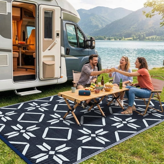 Kohree Outdoor Plastic Straw Rug 9'x12' ,Waterproof Mat with 4 Corner Loops Indoor Outdoor for RV, Camping, Deck ,Balcony(Blue)