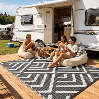 Kohree Outdoor Rug 9'x12' Reversible Waterproof Plastic Straw Rugs with Corner Loops Indoor Outdoor Patio Mat for RV Camping Deck Porch Balcony, Gray White