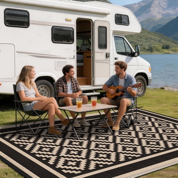 Kohree Outdoor Plastic Straw Rug 9'x12' ,Waterproof Mat with 4 Corner Loops Indoor Outdoor for RV,Camping,Deck,Balcony (Diamond pattern-Black & Brown)
