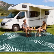 Kohree Outdoor Rug 9'x12' Reversible Waterproof Plastic Straw Rugs with Corner Loops Indoor Outdoor Patio Mat for RV Camping Deck Boho Porch Balcony, Palm Leave