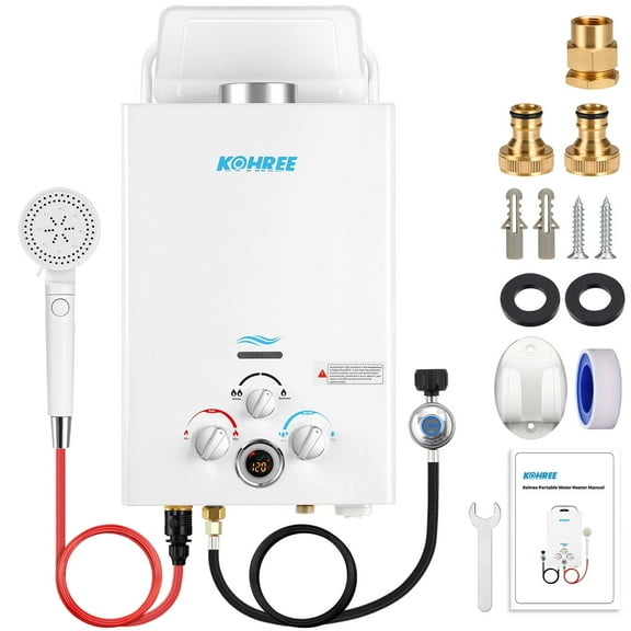 Kohree Portable Propane Tankless Water Heater,1.58 GPM 6L RV Tankless Water Heater Set with Overheating Protection for RV Camping, Outdoor , White