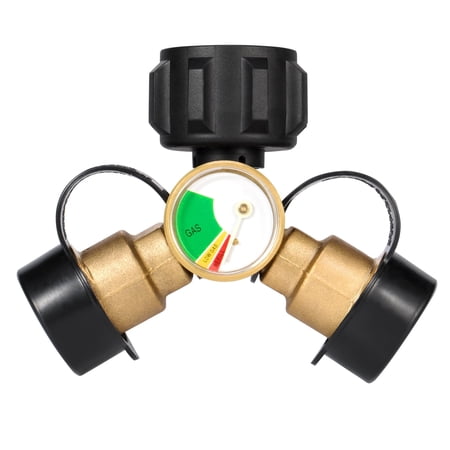 Kohree 2-Way Brass Dual Propane Tank Y-Splitter Adapter with Gauge for 20lb Cylinder and RV Hose