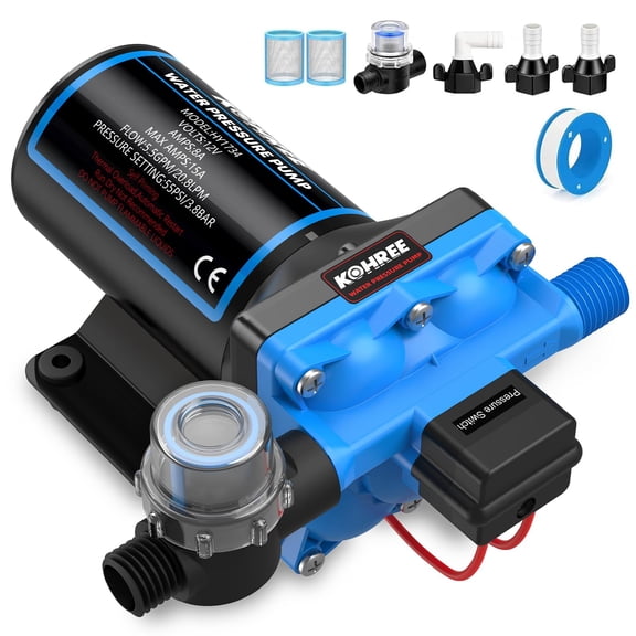 Kohree RV Fresh Water Pump 5.5GPM 55PSI 12V DC Diaphragm Water Pump with Pressure Switch for RV, Marine, Yacht, Caravan