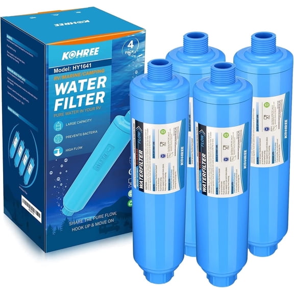 Kohree RV Inline Water Filter, Reduces Chlorine, Bad Taste, Odor, NSF Certified for Campers, Garden,Marine, ( 4 Pack Blue)