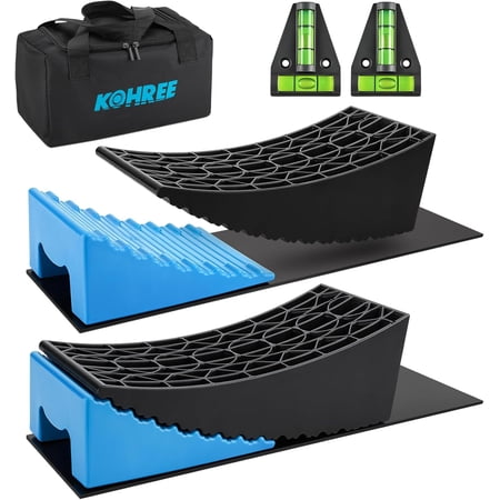 Kohree RV Leveling Blocks 6 Inch, 2 Packs Sturdy Camper Curved Levelers with 2 Wheel Chocks, 2 Rubber Mats & Carry Bag, RV Leveling System for Single Dual Axle Travel Trailers