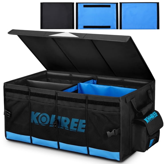 Kohree 74L Car Trunk Organizer with Lid, Heavy Duty Foldable Garage Tool Storage Box Collapsible Storage Bin for SUV Truck RV Home Camping, Blue