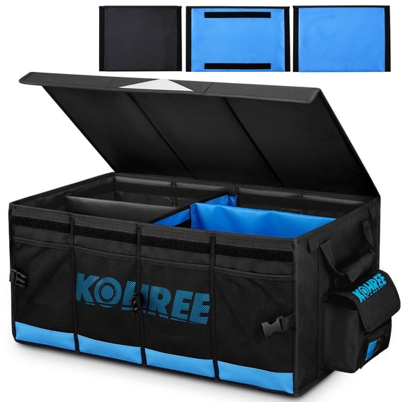Kohree 81L Car Trunk Organizer with Lid, Heavy Duty Foldable Garage Tool Storage Box Collapsible Storage Bin for SUV Truck RV Home Camping, Blue