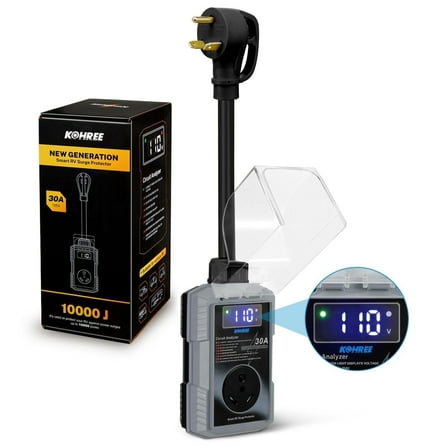 Kohree RV Surge Protector 30 Amp 10000 Joules with High/Low Voltage Protection,with LED Display Waterproof ,Auto Shut Off for Camper,Travel Trailers-Gray