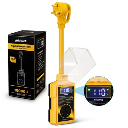 Kohree RV Surge Protector 30 Amp 10000 Joules with High/Low Voltage Protection,with LED Display Waterproof ,Auto Shut Off for Camper,Travel Trailers-Yellow