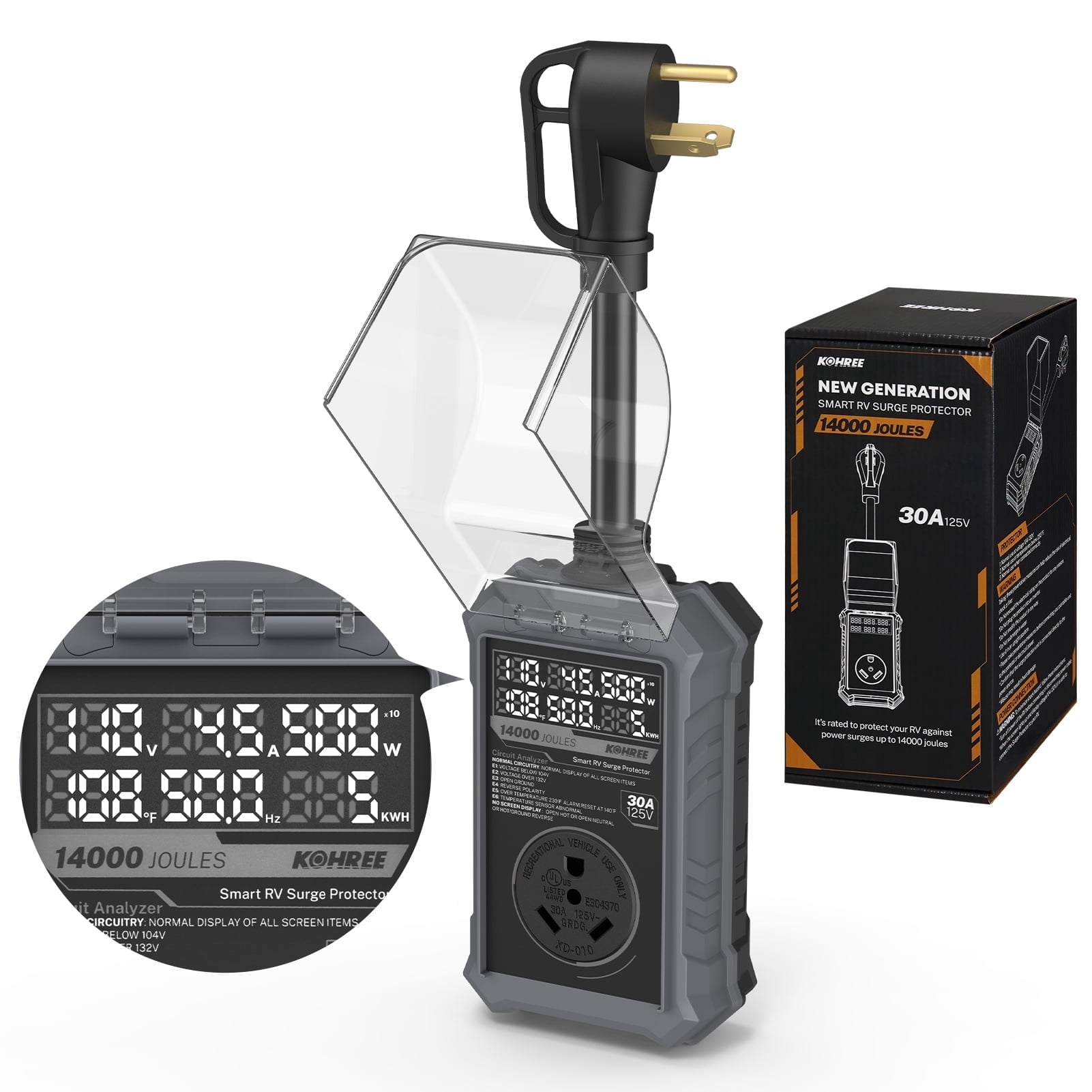 Kohree RV Surge Protector 30 Amp, 125V 14000 Joules RV Circuit Analyzer with High/Low Voltage Protection for Camper Travel Trailers