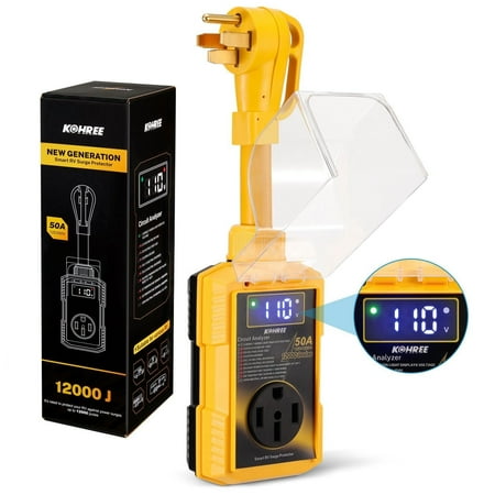 Kohree RV Surge Protector 50 Amp 12000 Joules with High/Low Voltage Protection,with LED Display Waterproof ,Auto Shut Off for Camper,Travel Trailers-Yellow