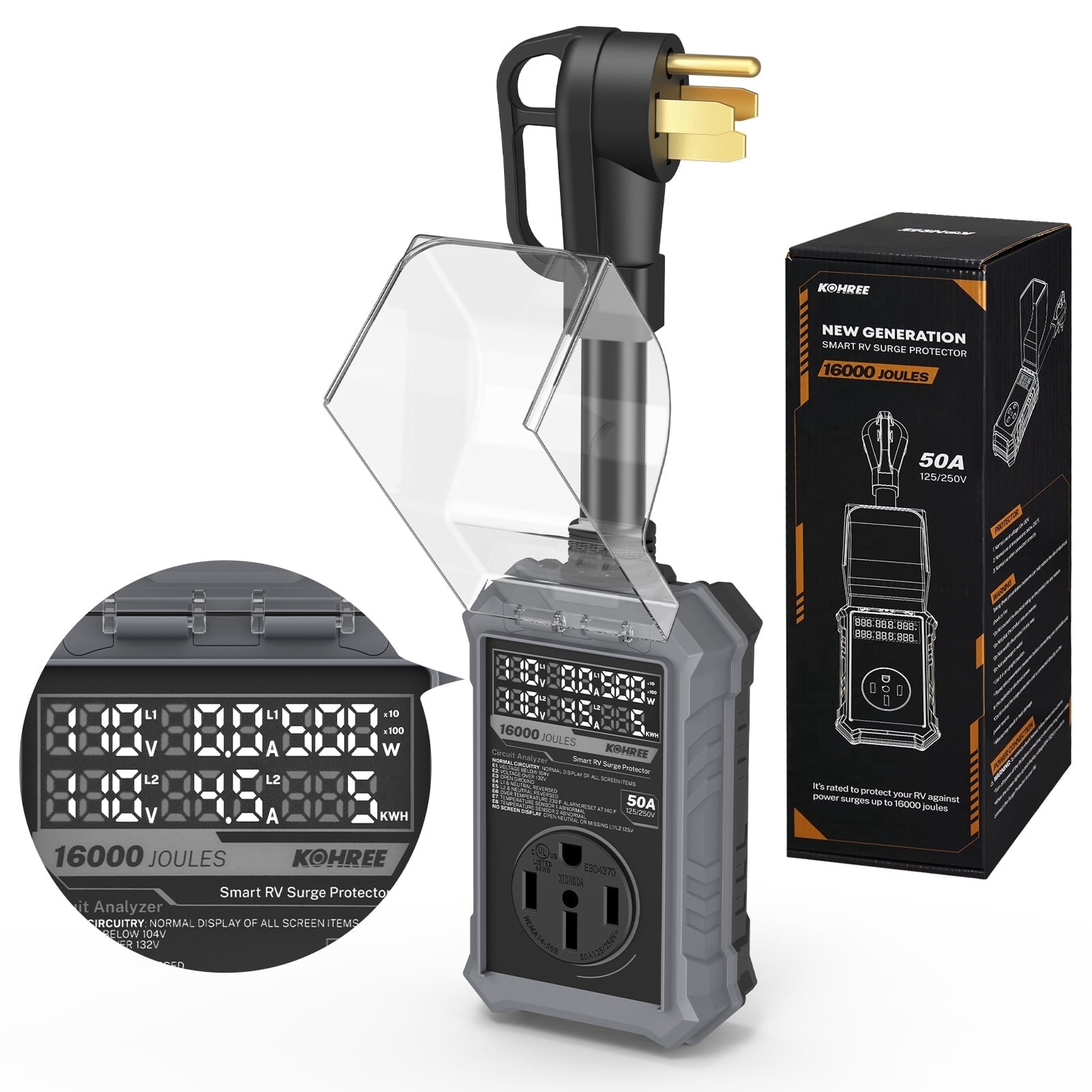 Kohree RV Surge Protector 50 Amp, 125V/250V 16000 Joules RV Circuit Analyzer with High/Low Voltage Protection for Camper Travel Trailers