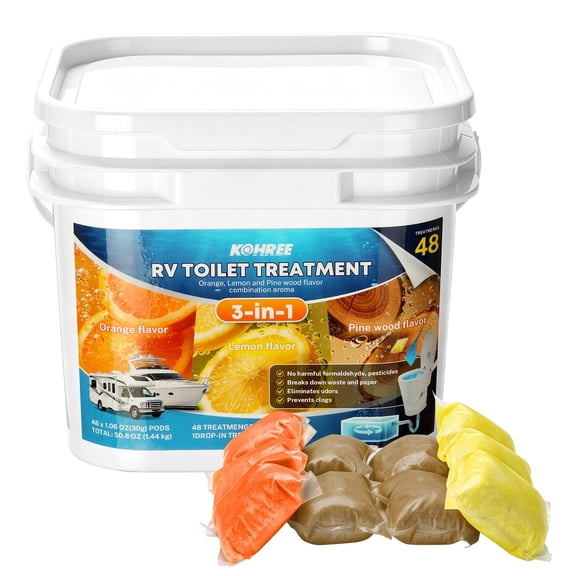 Kohree 48 Pack RV Toilet Treatment - Destroys All Odors Waste - RV Black Tank Treatment - Extreme Strength Prevent Moisture-Orange,Lemon,Pine Scent