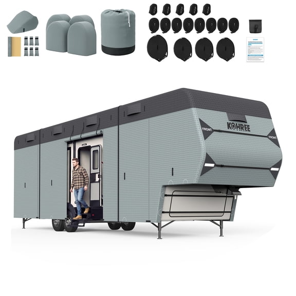 Kohree 5th Wheel RV Cover, Fits 31‑34 ft, Heavy‑Duty 7‑Layer Thick Fabric with 10 Enlarged Vents & 17 Straps, Anti‑UV, Waterproof, Windproof, Snowproof