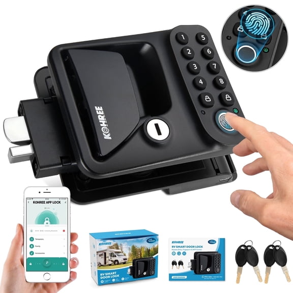 Kohree Upgraded RV Door Lock Keyless Entry, Replacement RV Door Lock with APP, Fingerprint, Password, Keys, Bluetooth RV Keyless Entry Door Lock for Trailer Camper RV Travel Trailer Door Latch