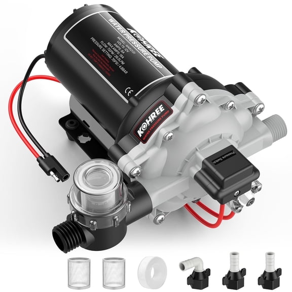 Kohree Upgraded RV Water Pump 12V Water Pump - 7GPM 70PSI Self-Priming DC Fresh Water Pump with Five Chamber Diaphragm, Heavy Duty Pressure Switch and Strainer for RV, Marine, Yacht, Caravan