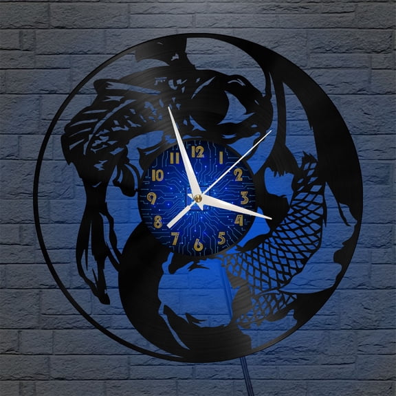 Koi 12 Inch Vinyl Record Wall Clock - Silent, Creative, and Unique Clock for Living Room, Entryway, or Bedroom Decor - Perfect Gift Idea(12 inchs B with LED)