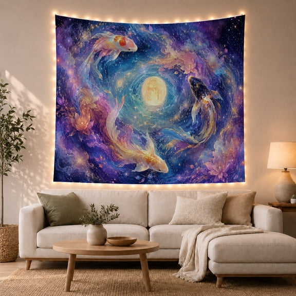 Koi Among Lotus Flowers Around a Glowing Moon, Serene Fantasy for Space Lovers, Celestial Wall Art, Housewarming Gift, Tapestry Wall Hanging for Bedroom and Living Room