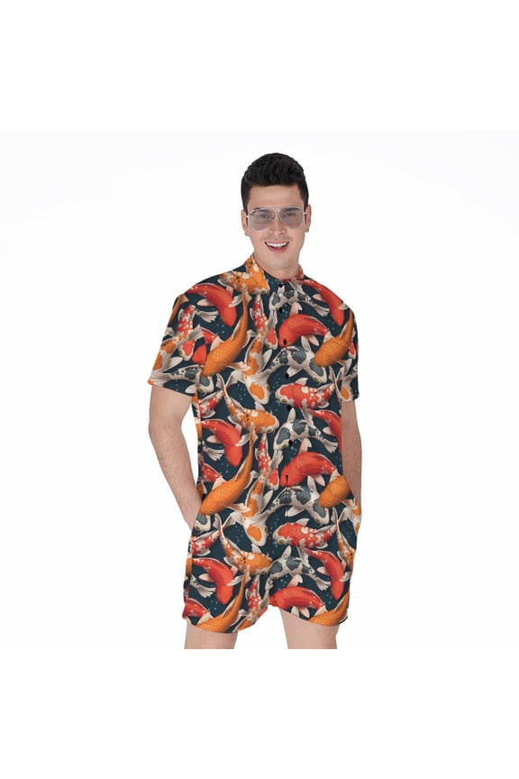 Koi Carp Pattern Short Sleeve Men'S Rompers, Koi Fish Casual Summer Jumpsuits Outfit