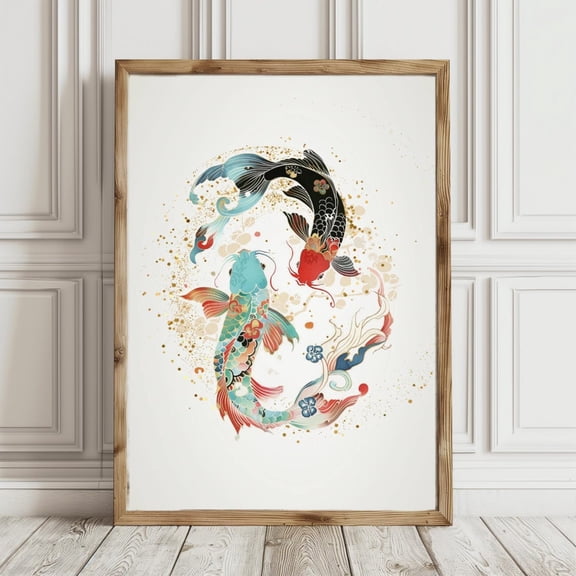 Koi Carp Wall Art, Elegant Yin Yang Japanese, Japanese Fish Print Home Decor #1088, Unframed Poster Size 8x12