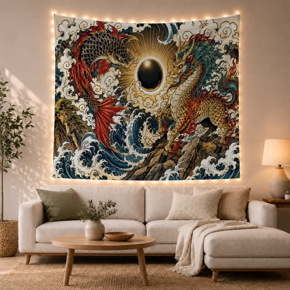 Koi and Dragon in Eclipse Over Crashing Waves, Mystical Illustration for Fantasy Art Lovers, Asian Inspired Wall Decor, Housewarming Gift, Tapestry Wall Hanging for Bedroom and Living Room
