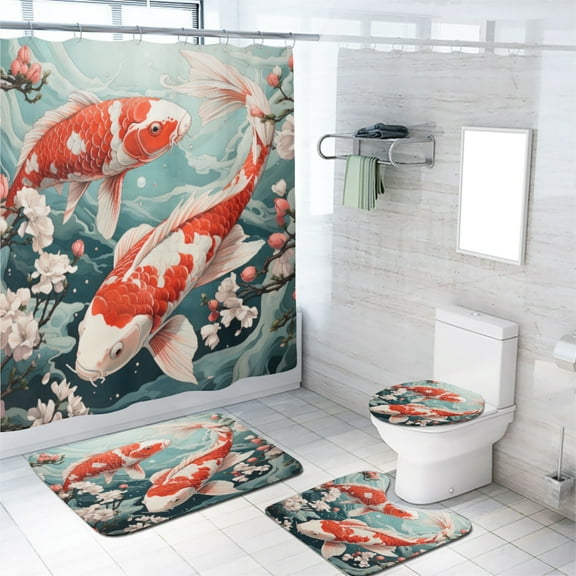 Koi Fish 4 Piece Shower Curtain Sets Cherry Blossom Branch Pink Flowers Japanese Asian with Non-Slip Rugs Toilet Lid Cover and Bath Mat Bathroom Decor Set, 72x72 Inch