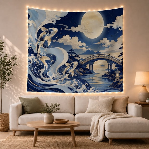 Koi Fish Among Waves with Full Moon and Bridge, Serene Japanese Inspired for Ocean Lovers, Asian Wall Art Decor, Housewarming Gift Tapestry Wall Hanging for Bedroom and Living Room