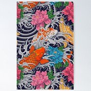 Koi Fish And Floral Pattern Poster, Poster Only