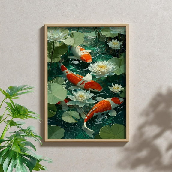 Koi Fish And Lotus Print, Japanese Zen Art Home Decor #3419, 8x12 UNFRAMED