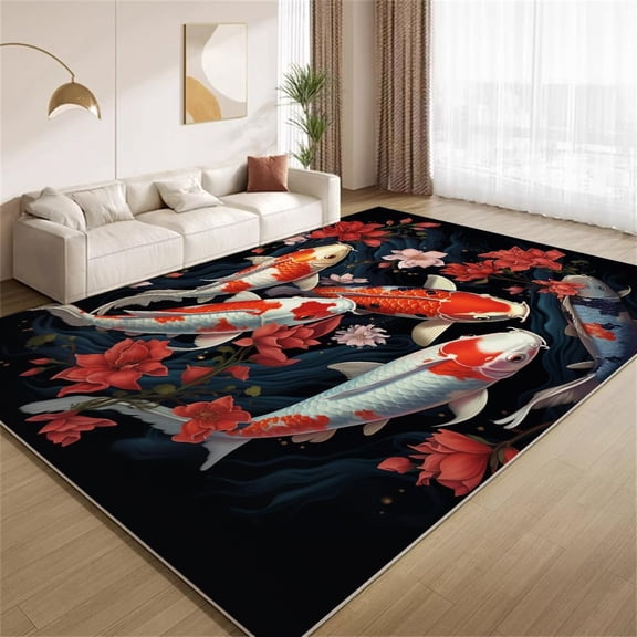 Koi Fish Animal Area Rugs, Japanese Style Carpet, Washable Non Slip Low Pile Soft Rug for Bedroom Living Room Decor Mat 3ftx5ft
